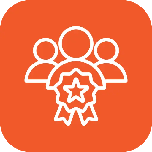 leadership - Three Rocks Pavers, Inc. Icon of three outline figures with a ribbon and star in front on an orange background, suggesting teamwork or achievement.