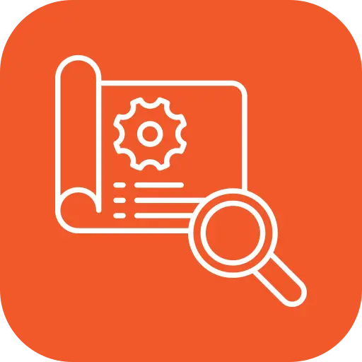 project-manager - Three Rocks Pavers, Inc. White gear blueprint and magnifying glass icon on an orange background.