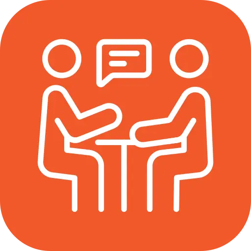 talk 1 - Three Rocks Pavers, Inc. Two stick figures sitting at a table, facing each other, with a speech bubble above them on an orange background.